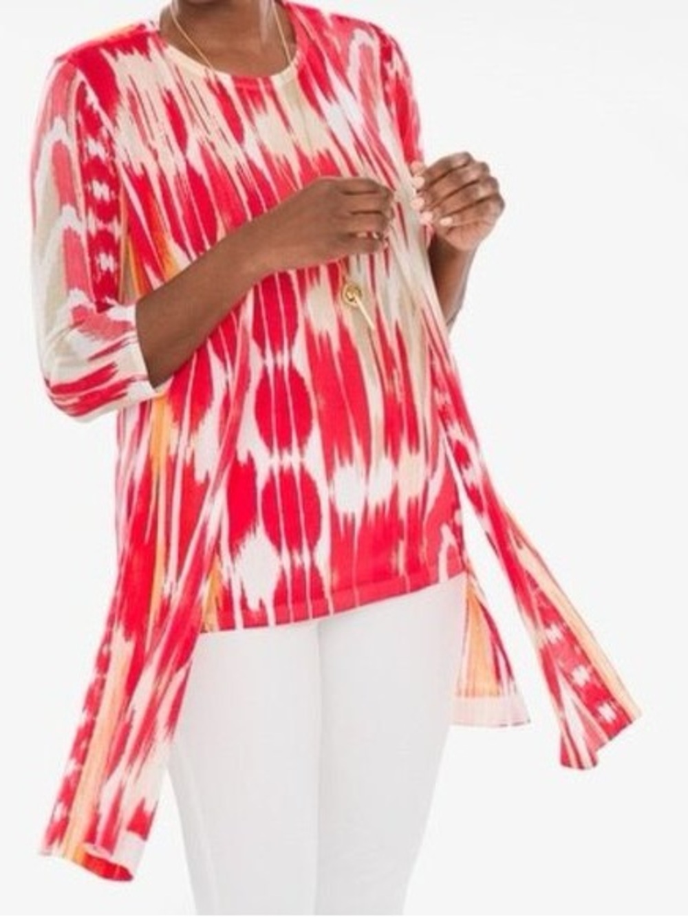 CHICOS Summer Red & White Ikat Open-Front Thin Lightweight Cardigan Sweater
